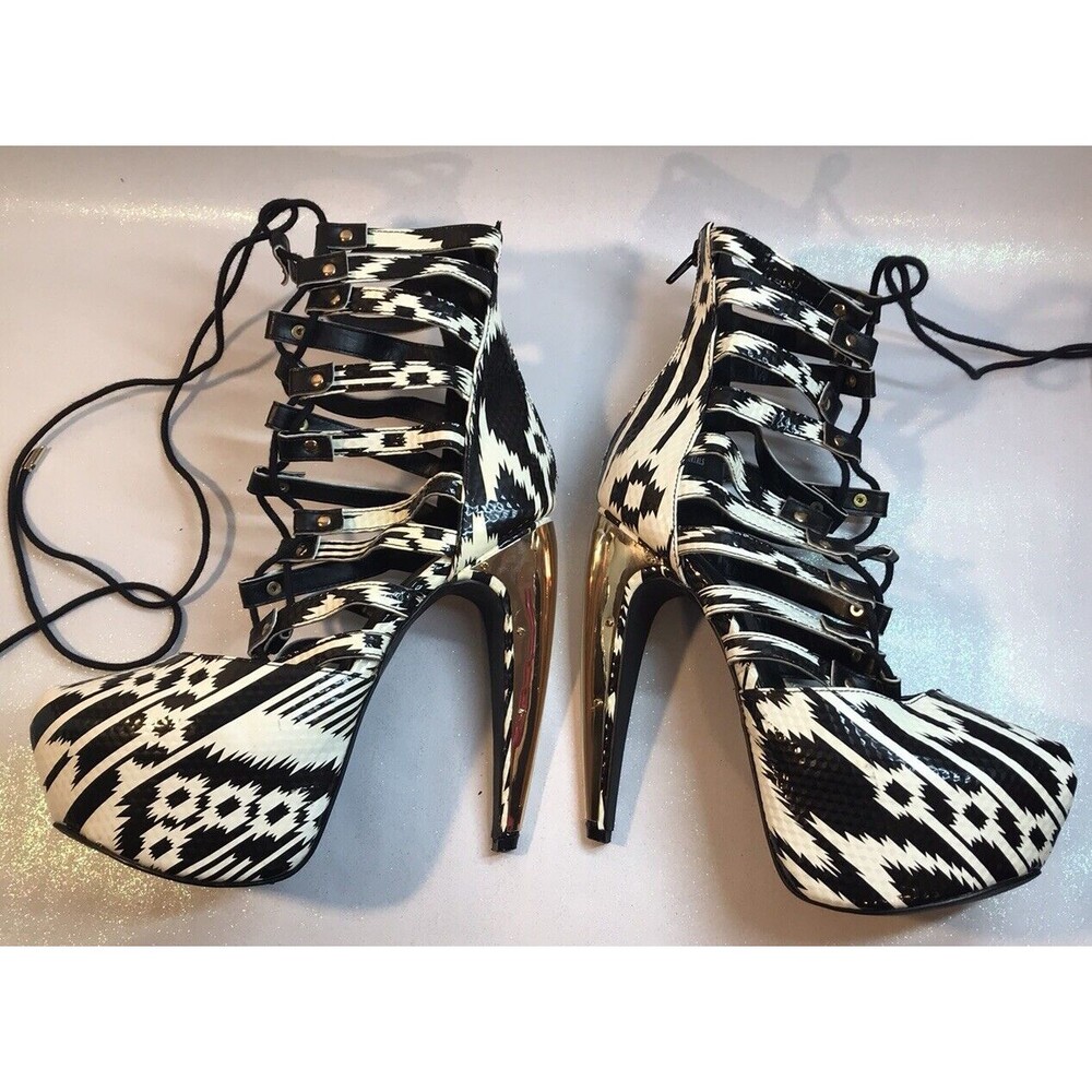 Shi by Journeys Lace Up Ultra High Heel Black White Southwestern Zebra  Size 7